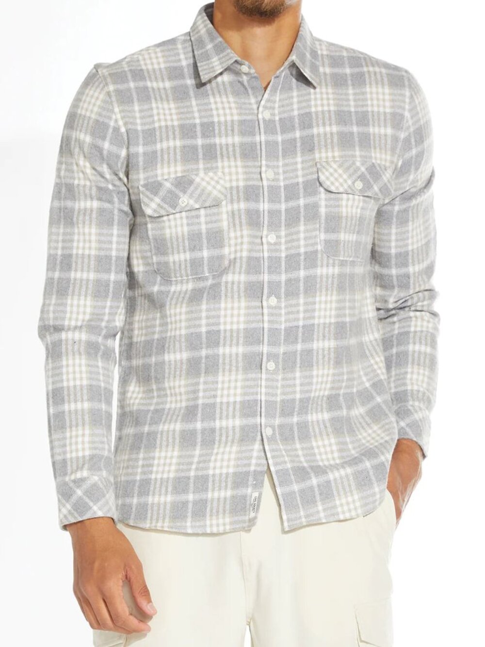 Civil Society Light Grey And Cream Plaid Flannel Button Up Shirt